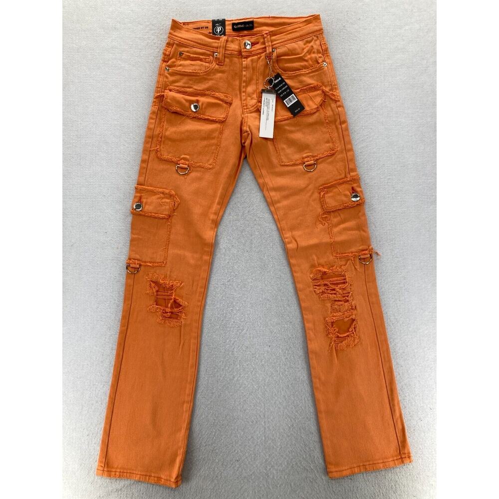 Preme Jeans Mens 28x33 Semi Stacked Fit Cargo Utility Orange Distressed Denim